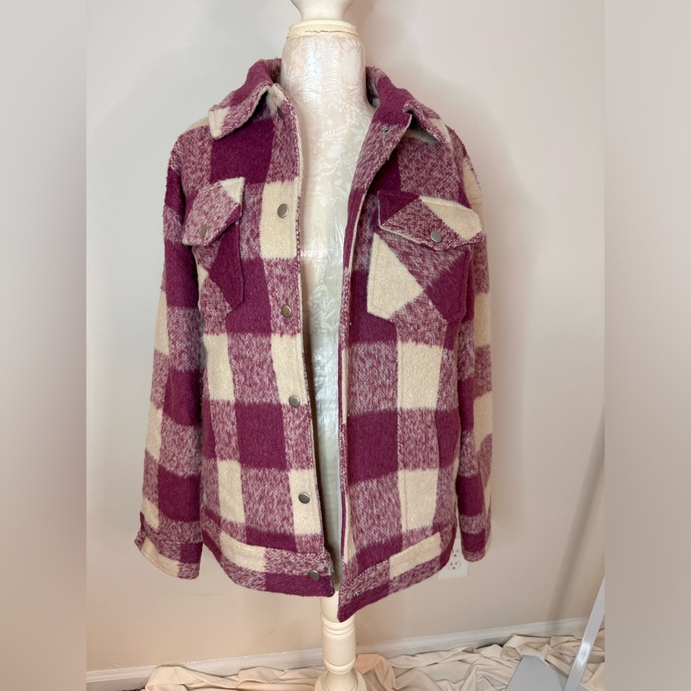 Plaid Utility Shacket Jacket in Plum and Cream